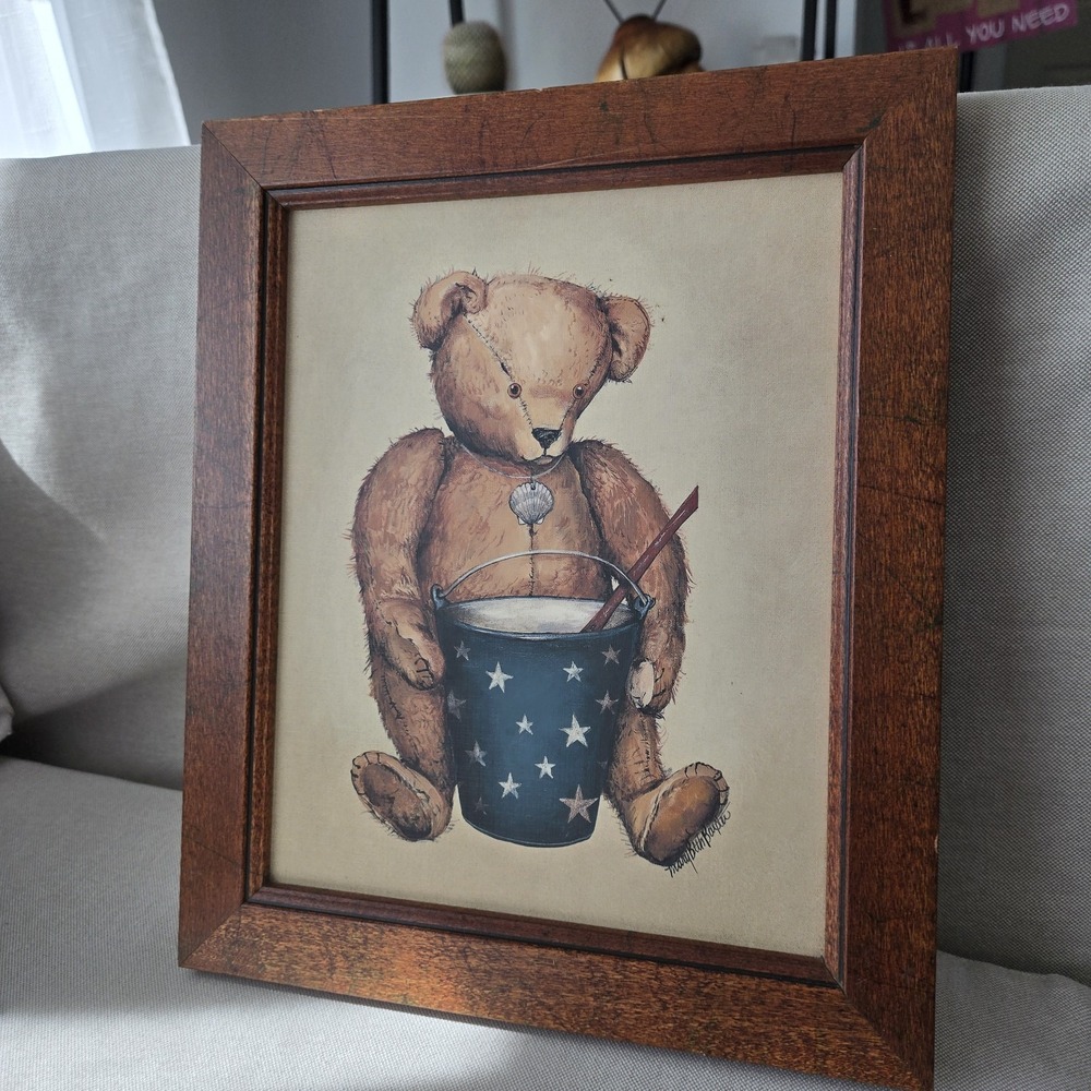 Mary Beth Baxter Folk Art Primitive Bear With Star Bucket Print. Americana